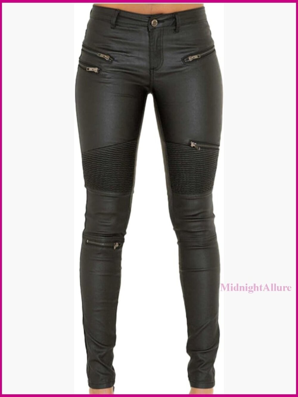 PU Leather Coated Denim Leggings Stretchy Rider Pants Women's
